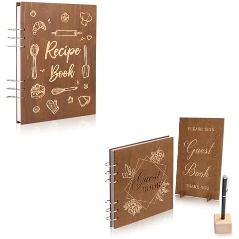 Creawoo Wooden Blank Recipe Book to Write in & 8.5" Wooden Wedding Guest Book Set Cover
