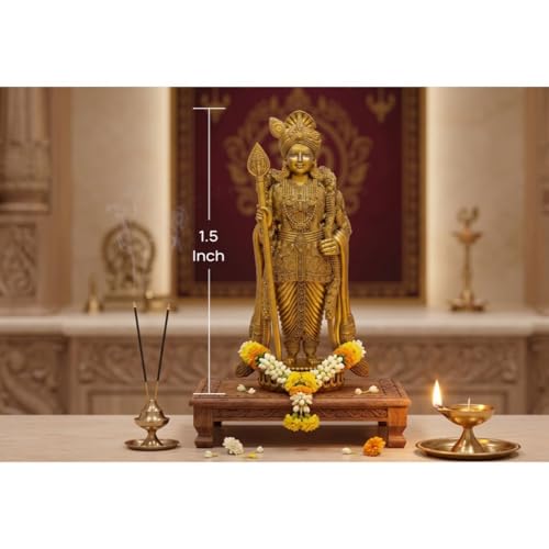 Image of SHILP ART & CREATIONS Pagdhi Murgan Brass Idol Golden Finish Decorative Statue Round Base Detailed Carving Standing Murugan Sculpture Home Temple Decor (Golden, 1.5 inch,10 gram)