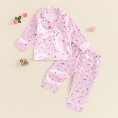 Toddler Baby Girl Silk Pajamas Set Floral Print Long Sleeve Button Down Shirt Pants Matching Pjs Lounge Set2