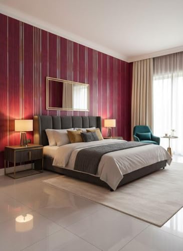 Image of VKR Modern Self Adhesive Textured Wallpaper with Subtle Vertical Line Pattern for Elegant Minimalist Interior Decor and Contemporary Living Spaces (45 x 300 cm - Red)