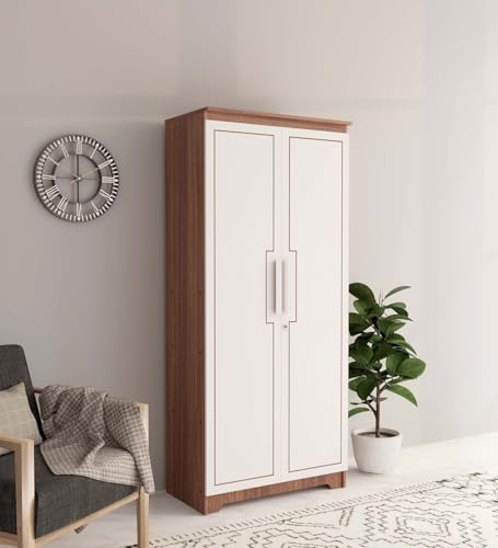 Image of COUCH CULTURE Amber Engineered Wood 2 Door Wardrobe | Almirah | Wardrobe with Hanging Rode and Lock | Storage Organizer | Multipurpose Almirah | 1 Year Warranty - White & Leon Teak