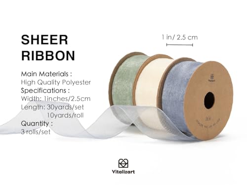 Vitalizart White & Blue & Green Organza Ribbon, 1'' x 30YD (3 Rolls*10YD) - Image 2