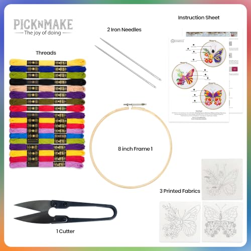 Image of picknMAKE Cross Stitch Embroidery Kit Combo Pack for Beginners & Adults - Includes 3 Unique Designs, Hoop, Printed Fabric, Threads, Needles, Cutter, and Instructions -Craft Hobby, Multicolor