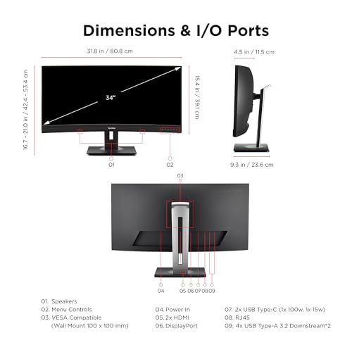Image of ViewSonic VG3456CA 34 Inch 1440p Ultrawide Docking Monitor, Curved IPS Display for Smooth Home and Office Productivity, Full Ergonomic Adjustability, 100W USB-C, RJ45, and HDMI Inputs