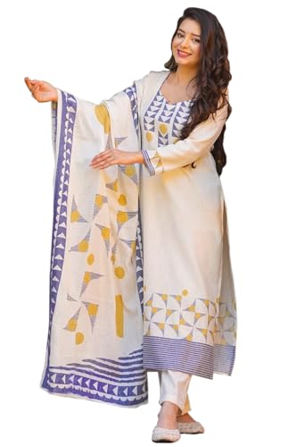 Image of ANNI Designer Kurta Sets for Women Viscose Blend Printed | Kurta Pant Dupatta Set | Straight Kurti Set for Women | Sweetheart Neck Full Sleeve Ethnic Suit | Designer Indian Kurti Outfit with Pants