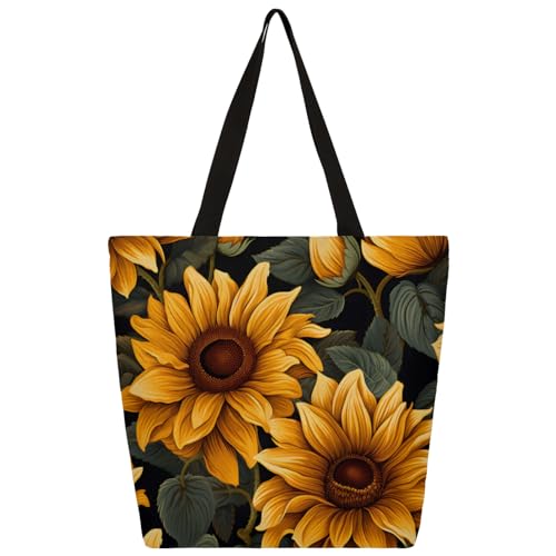 Vintage Sunflower Flower Large Capacity Canvas Tote Bag Stylish Handheld Shoulder Bag Reusable Shopping Bag for Work Travel Beach Trips Shopping