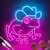 Cowboy Frog Neon Sign for Wall Decor Frog with Cowboy Hat Led Neon Light for Kids Room Man Cave Bar Store Home Party Art Decor Gifts, Ice Blue & Pink, Dimmable & USB Powered, 12.6' x 13.5'
