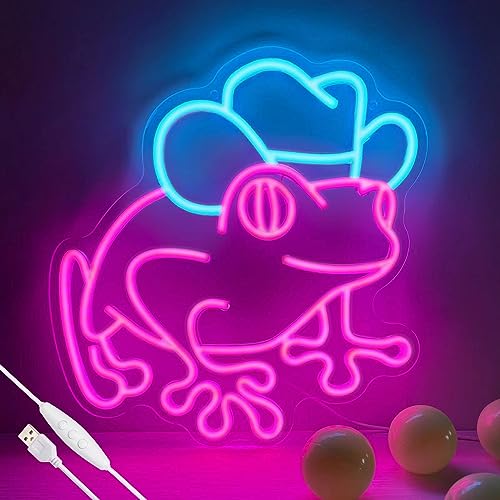 Image of Neon Sign for Wall Decor Frog with Cowboy Hat Led Neon Light for Kids Room Man Cave Bar Store Home Party Art Decor Gifts, Ice Blue & Pink, Dimmable & USB Powered, 12.6 inch x 13.5 inch