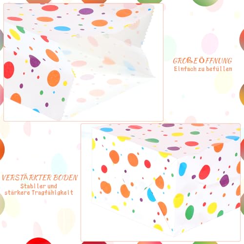 50 Stück Papiertüten Kindergeburtstag Klein, 18 x 9 x 5,5 cm Geschenktüten Klein mit 60 Aufkleber Regenbogen Punkte Mitgebsel Candy Tüten für Ostern Hochzeit Geburtstag Party