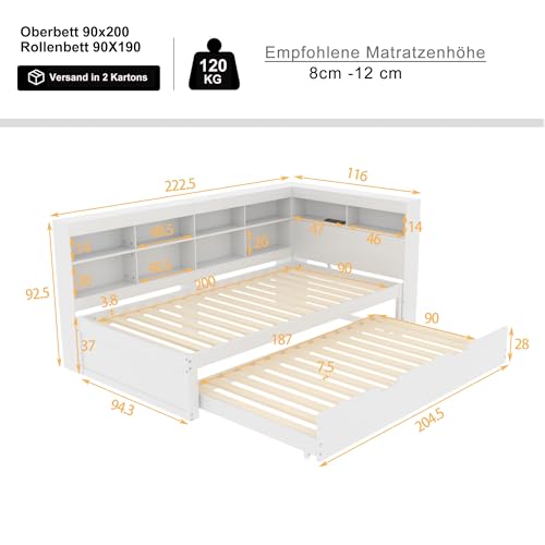 MYBOO Tagesbett Schlafsofa 90x200 cm, Holz Multifunktionsbett mit Ausziehbarem Bett 90x190 cm, USB-Steckdose und Mehreren Ablagefächern, Einzelbett Massivholzbett mit Lattenrost, Ohne Matratze, Weiß – Bild 3
