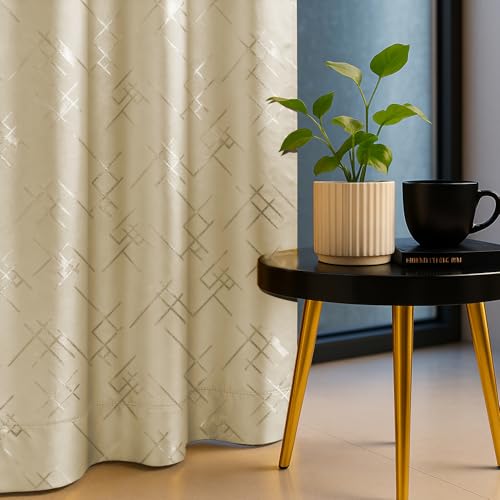 Image of Urban Space 100% True Blackout Curtains for Window, Gold Foil Printed Blackout Curtains, Blackout Decorative Curtain Eyelet with Tieback, 1 Piece Curtain for Living Room(Criss Cross Beige, 5 Feet)