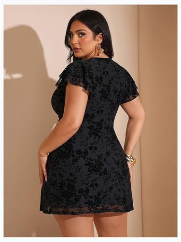 Image of BEAUDRM Women's Plus Size Cocktail Floral Short Dress Deep V Ruffle Short Sleeve Bodycon Mesh Wedding Guest Party Dresses