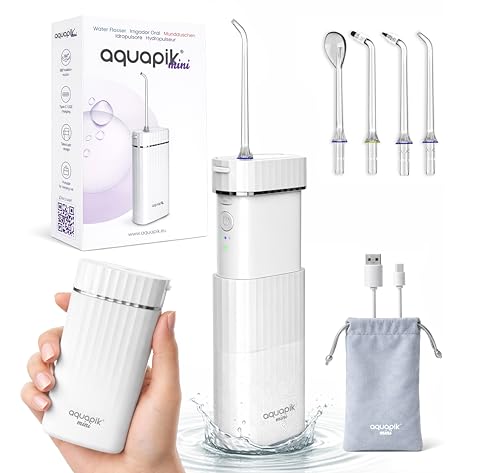 Aquapik® Mini Irrigador dental portátil 200 ml con tanque telescópico recargable USB tipo C, 3 modos de presión impermeable IPX8, fácil de llevar ideal para viajes y oficina, limpieza dental profunda.