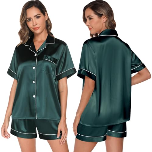 Pijamas, Sports GAESHOW Pijamas de satén para Mujer, Conjunto de Pijama de Seda de Manga Corta con Pantalones Cortos de Dos Piezas Conjuntos de Pijama con Botones