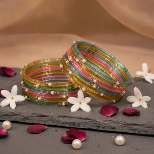 Image of SUNDRAM Women's Premium Fancy Glass Bangles for Women & Girls |with Zircon Gemstone Work & Charm| Traditional Ethnic Bangles Set of 12