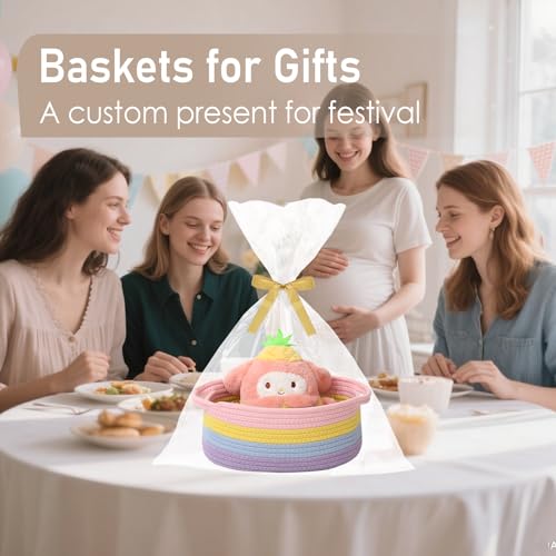 Image of JMvicyroam Small Woven Basket, Empty Gift Basket, Rainbow /1 Pack | Small Gift Basket, Cotton Rope, 12 x 8 x 51 in, Handles, Includes Ribbon and Bag, Birthday Gift Basket