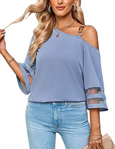 QUNERY Blusas de Mujer Elegantes 3/4 Mangas Camisa Mujer Manga Corta Verano Top Camisa Holgada de Color Sólido Informal Azul S