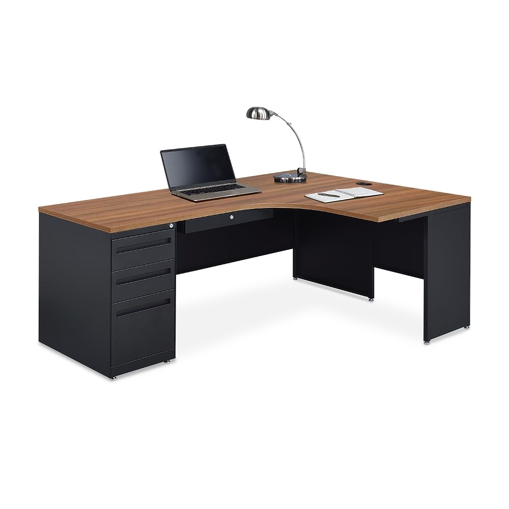 NBF L-Shaped Executive Office Desk - Durable Laminate Computer Desk with 3 Drawers Pedestal - Modern Desk with Storage and File Cabinet - 72" W x 48"