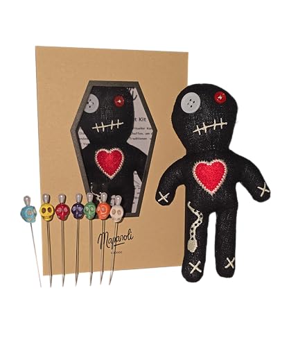 Poupée vaudou (noire) avec aiguilles vaudou et instructions (extra large 16 cm faite à la main) – Ensemble d'épingles à tête de mort extra larges | Cadeau pour amis, collègues, patron, mariage ou