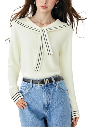 LAI MENG FIVE CATS Women's Sailor Collar Long Sleeve V-Neck Stripe Button Knit Top Shirt Blouse Sweater