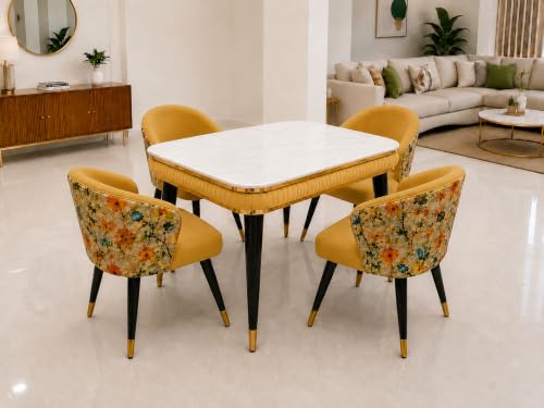 Image of WOODEN SPACE Majestic 4 Seater Wooden Dining Table Set | Urban Marble Top Dining Table with Chairs for Dining Room & Kitchen (Modern Classic Printed Yellow) (54 x 36 x 30 inch)