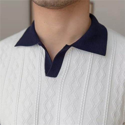 Men Short Sleeve Slim Shirt Vintage Patchwork Knitted Pullover Lapel Casual V-Neck Knitwear4