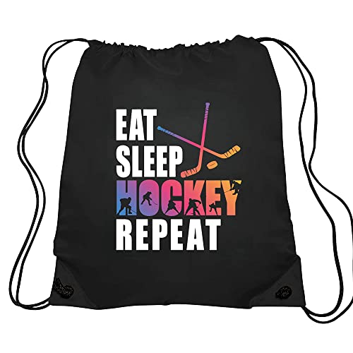 Haizct Eat Sleep Hockey Repeat Backpack, Gifts for Hockey Fans, Gymnasts Gift, Unisex Drawstring Backpack Bag for Gym Shopping Sport Yoga Dance Rehearsa