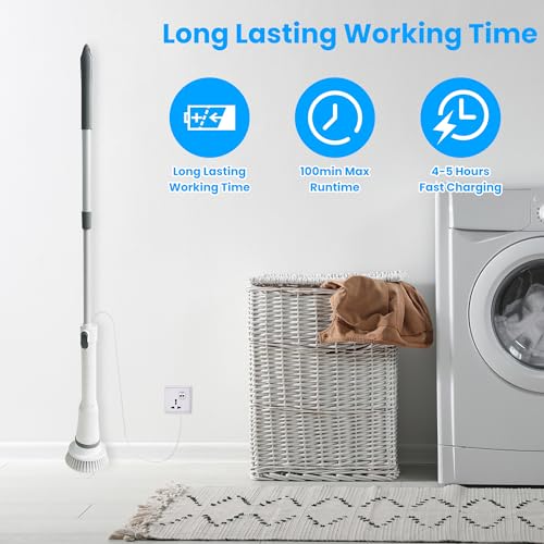 Image of Moclever Electric Spin Scrubber - Cordless, Rechargeable, 400RPM Powerful Cleaning Brush with 6 Replaceable Heads, 2-Speed Adjustment & Extendable Handle for Bathroom, Tile, and Grout