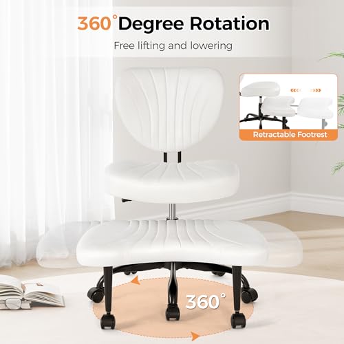Image of Cross Legged Office Chair, Ergonomic Criss Cross Chair with Wheels, 360 Swivel Height-Adjustable Meditation Chair for Yoga & ADHD, Wide Kneeling Chair with Strong Lumbar Support (White) BPY01W