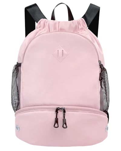 RHDZO Drawstring Backpack Gym Backpack with Shoe Compartment for Men Women String Sports Bag with Wet Pocket Cinch Swim Beach Bag, Pink (Patent Pending)