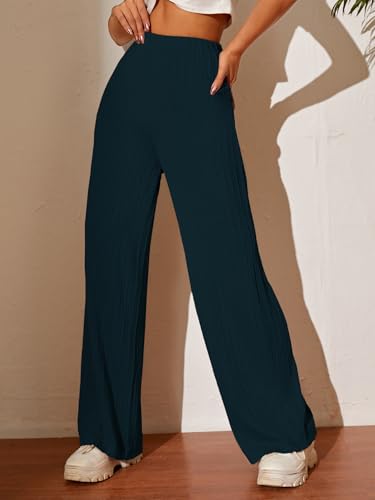 Image of TOPLOT Ribbed Knit Trousers for Woman | High Waist Wide Leg Palazzo Pants with Elastic Waist | Straight Relaxed Fit Casual, Office, Travel & Lounge Wear (5252)