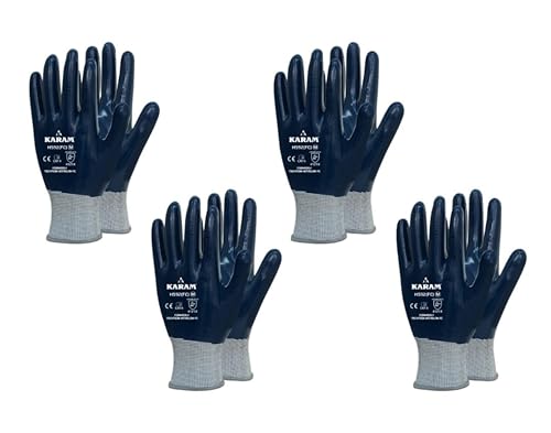 Image of Karam HS92 Nitrile Fully Coated 15 Gauge Safety Gloves | Full Hand Protection from Liquid & Oil | Abrasion Resistant Work Gloves | Size-L | Pack of 4