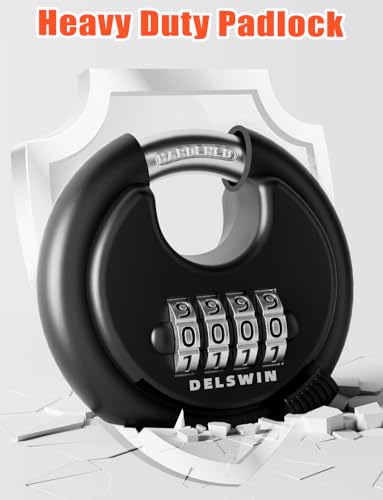 Image of DELSWIN 4-Digit Disc Combination Lock Outdoor - Heavy Duty Combination Padlocks with Hardened Steel Shackle Weatherproof Combo Locks for Gates,Sheds,Fence,Storage Unit (3 /8 inch Shackle, Black and Silver)