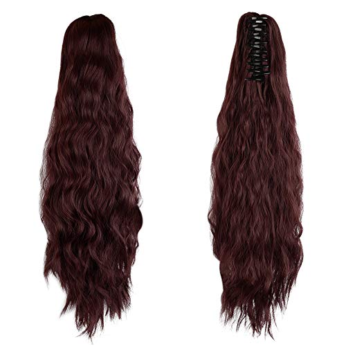 FESHFEN 20" Corn Wavy Curly Clip in Claw Ponytail Extension Synthetic Yaki Hair Extension Ponytail with Claw Yaki Hairpiece for Girls Women(Wine)