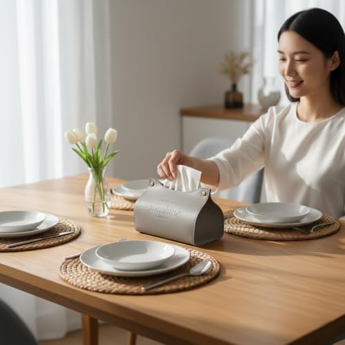 Orret Home Masa Üstü Deri Peçetelik – Şık ve Dayanıklı Servis Peçete Tutucu, Mutfak, Yemek Masası, Banyo ve Ofis Kullanımı İçin Dekoratif Deri Peçete Kutusu (Gri) - Görsel 6