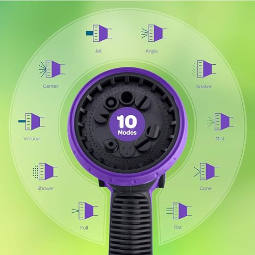 Image of Hose Nozzle [Purple] Heavy Duty Hose Sprayer With 10 Adjustable Watering Patterns. Thumb Control Design, Comfortable Ergonomic Grip, Garden Hose Nozzle for Watering Plants & Lawns /Fun showers /Cleaning