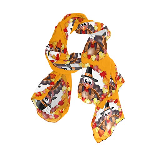 Oyihfvs Thanksgiving Turkey Fall Leaves Orange Women Long Silk Scarf, Shawl Chiffon Large Stole Headscarf, Lightweight Sunscreen Satin Scarves Wraps for Wedding Party Gift