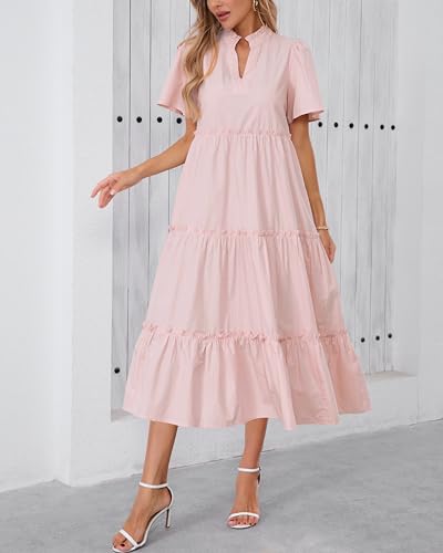 Image of YEXPINE Women's V Neck Tiered Midi Dress Casual Short Sleeve Ruffle Flowy Summer Beach Vacation Long Dress