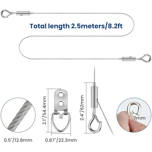 Image of 4 Kit 6.6FT Adjustable Picture Hanging Wire, Heavy-Duty Stainless Steel Wire Rope with D Ring, Hanging Hardware Holds Up to 45lbs for Mirror Light Lamp, Billboards, Basket Flowerpot