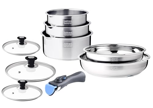 Arthur Martin, Set de Cuisine 10 pièces en Acier Inoxydable - 2 Poêles (24-26 cm), 3 Casseroles (16-18-20 cm), 3 Couvercles en Verre, 1 Ustensile en Nylon, Tous Feux Induction, Pratique et Ergonomique