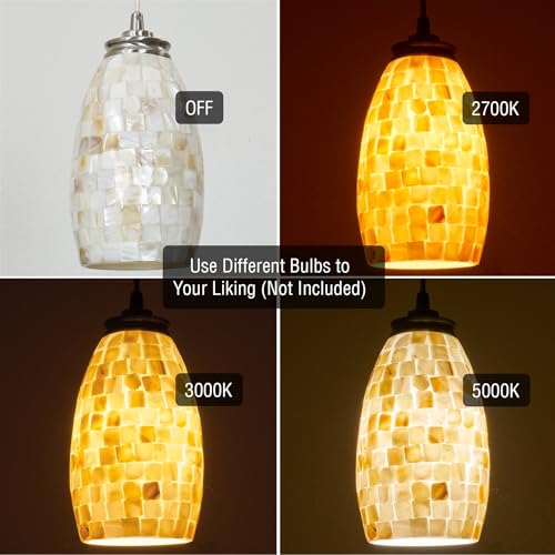 Image of Kira Home 7 inch Pendant Light Glass Shade Replacement w /Handcrafted Mosaic Sea Shell Coastal Design (Set of 2), Natural Shell Chandelier Glass Upgrade, 7.5 inch x 4.5 inch, Fits Threaded Medium Base Sockets