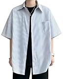 [ｂｌｕｅｆｅｅｌ] メンズ シャツ 夏服 半袖 ストライプ 大きいサイズ 吸汗速乾 超軽 しい 薄手 ゆったり ビッグシルエット ドロップショルダー おしゃれ 体型カバー 汗染み防止 ノーアイロン 普段履き Light Blue-L