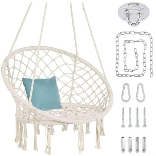 Handgefertigtes Baumwoll-Makramee Hängesessel – Stilvolles Design, bis 150 kg belastbar, wetterfest – Inkl. Montageset für drinnen & draußen