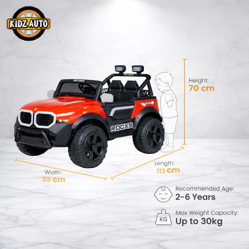 Image of KAB J 777 Rechargeable Battery Operated Jeep for Kids |POBO-2026 |Electric Ride-On Toy with LED Lights,Music,RGB Windshield,Steering Function & Dual Control (Red)