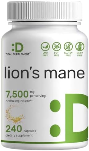 Lions Mane Mushroom Supplement, 7,500*mg Per Serving, 240* Capsules – Active Fruiting Body & Mycelium 10:1 Extract – Natural Brain Nootropic & Immune System Booster – Non-GMO