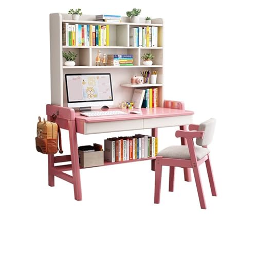 Escritorio de madera maciza con estantería integrada y juego de sillas para oficina en casa o dormitorio (rosa, 80 x 60 x 186 cm)