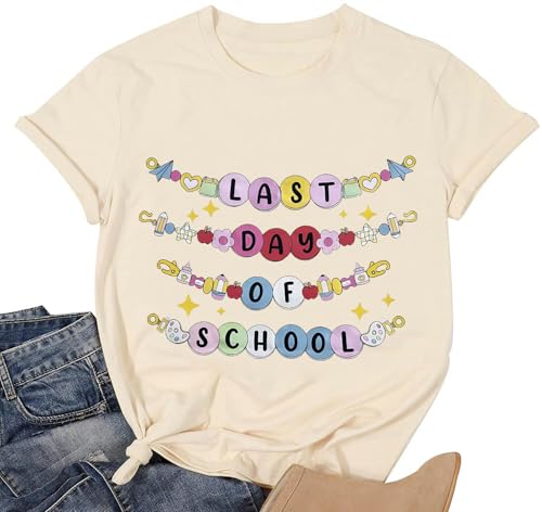 Last Day of School Pulseras Camisa para mujer Fin de Año Escolar, camiseta de verano para profesora, Albaricoque, Large