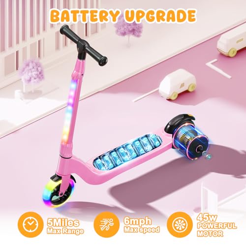 CBD Electric Scooter for Kids, 6 Mph Top Speed, Up to 5 Miles Range, 5.3\" Solid Tires Wheel and Front Light, Kick Scooter Adjustable Height for Kids Age 6-12, Pink - Thumbnail 3