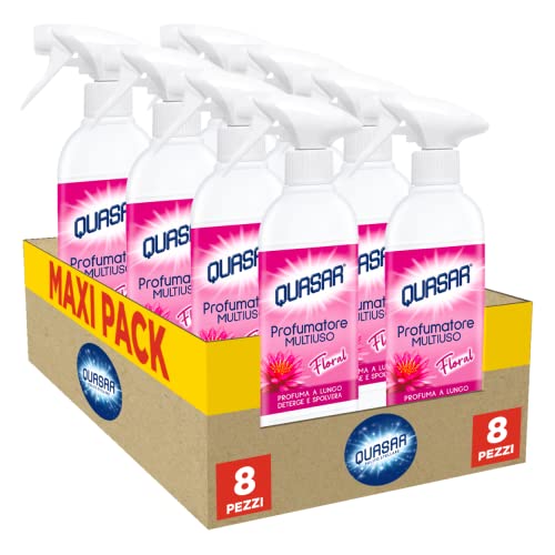 Quasar - Profumatore Multiuso - Fragranza Floral, Profuma a Lungo, Deterge e Spolvera - 8 Flaconi da 500 ml