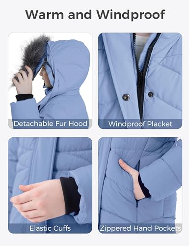 Image of wantdo Girls Winter Coats Long Puffer Jackets Fleece Lined Removable Hood